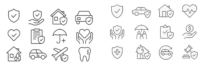 Collection of insurance and protection icons featuring hearts, homes, vehicles, and health symbols in minimalist design style