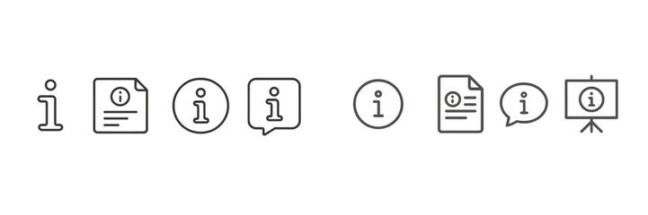 Information icons and symbols arranged in a horizontal layout displaying various formats of conveying details and messages