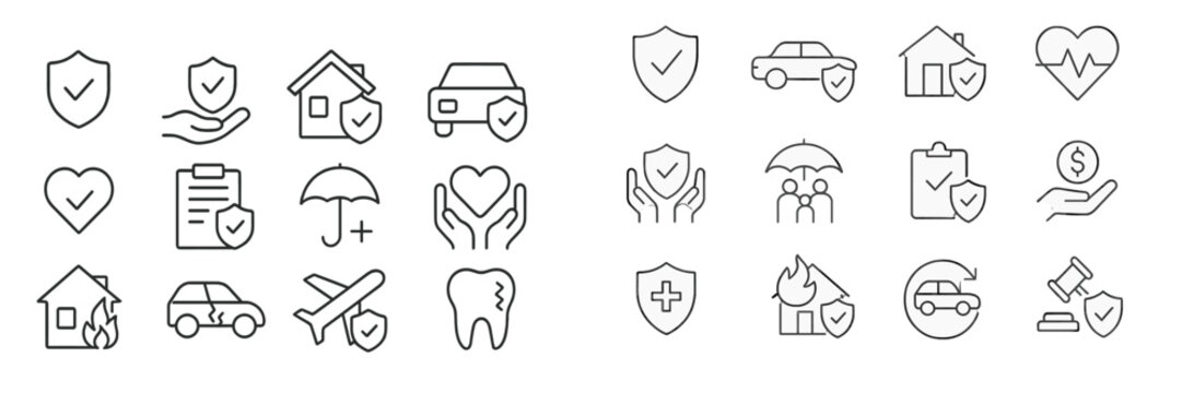 Collection of insurance and protection icons featuring hearts, homes, vehicles, and health symbols in minimalist design style