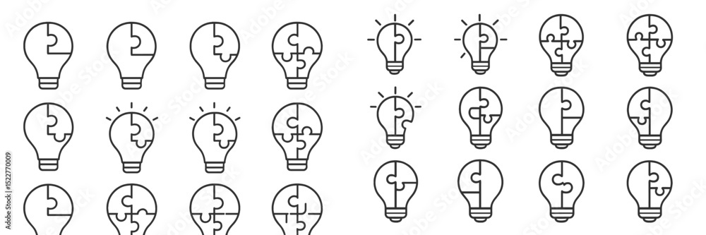 Poster bright light bulbs represented as puzzle pieces suggesting ideas and creativity during brainstorming