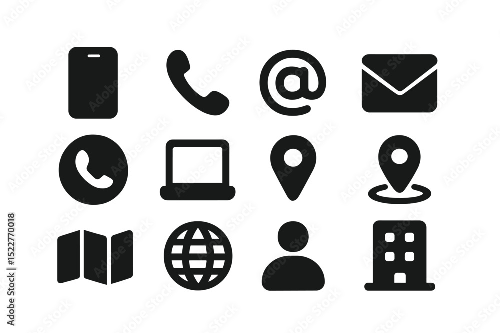 Poster collection of black icons representing communication, technology, and location services arranged in 