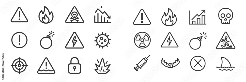 Poster Collection of various warning symbols representing hazards and safety precautions in a minimalist style on a white background