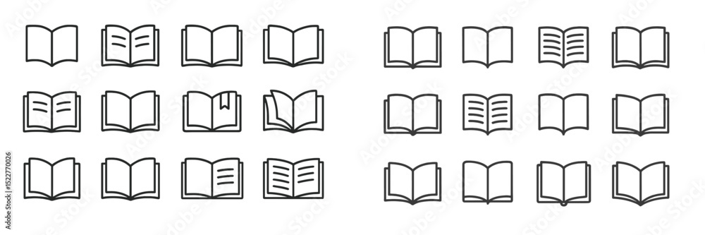 Poster line art illustrations of various book designs showcasing different styles and open pages