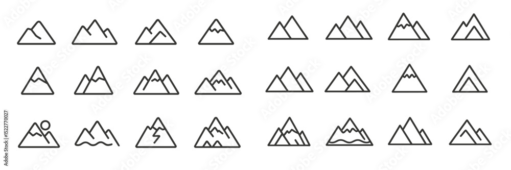 Poster various mountain icon designs showcasing different shapes and styles for creative projects and illus