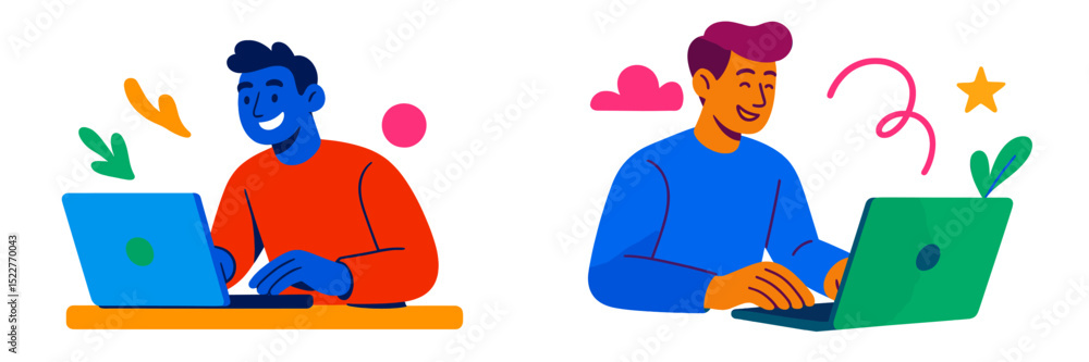Poster two individuals working on laptops in a vibrant and colorful workspace during the daytime