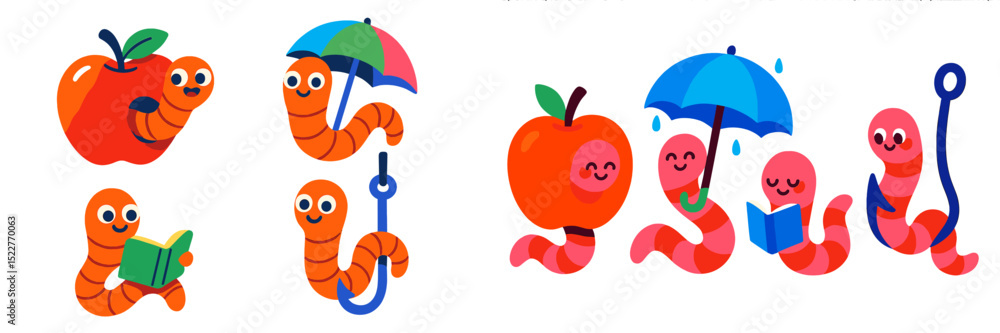 Poster Worms enjoying apples while reading and using umbrellas in a colorful, playful cartoon setting