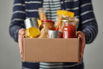 Person Donating Non Perishable Food Items in Cardboard Box