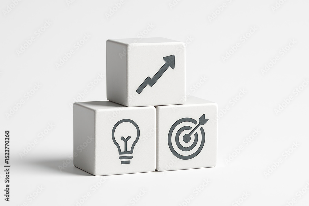 Poster three white blocks stacked in a pyramid shape symbolize innovation goal setting and growth within a 