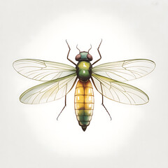 Close-up macro of an isolated insect, a green dragonfly or black fly with detailed wings, on a white background
