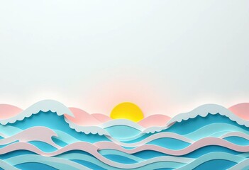 Pastel paper cut waves forming a landscape, sun peeking over horizon,  vibrant,  pastel