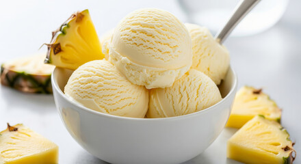 Close-up of a white bowl filled with three scoops of pineapple creamy ice cream, garnished with a fresh pineapple slices.