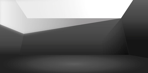 3d rendering of blank minimal black and white abstract indoor background, sharp light and shade from sky, for creative concept design, futuristic product mockup, or modern architect scene studio.