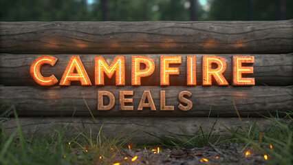 3D 'campfire deals' with glowing orange text on a rustic log background.

