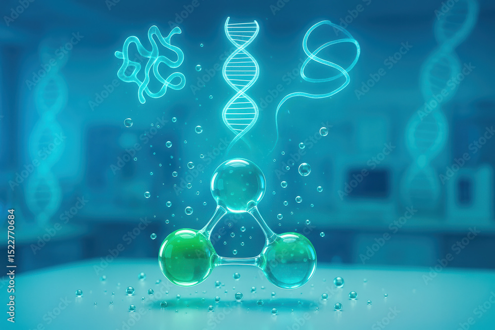 Poster conceptualizing innovation and growth this highlights molecular structure and genetic elements as sy