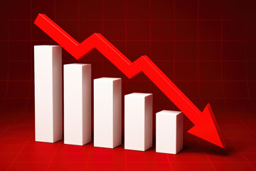 A downward trend in performance is depicted by a declining red arrow over a bar chart illustrating reduction and loss in business growth