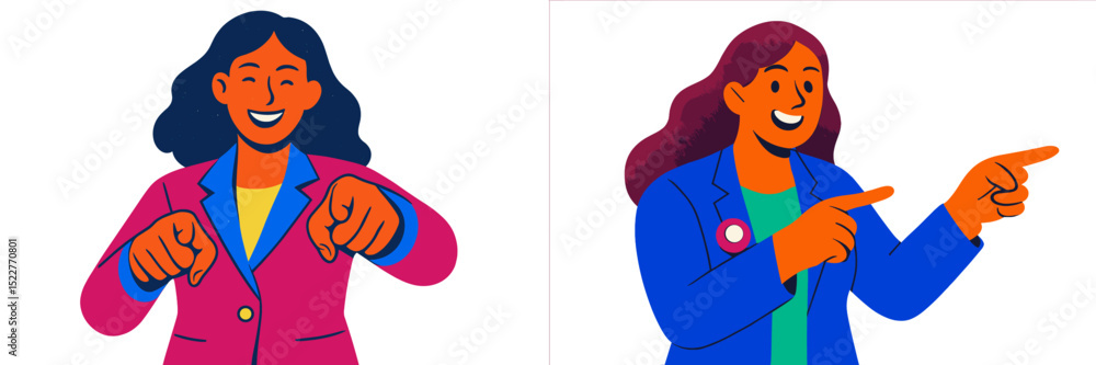 Poster women in colorful blazers gesturing confidently and engaging in conversation during a lively discuss