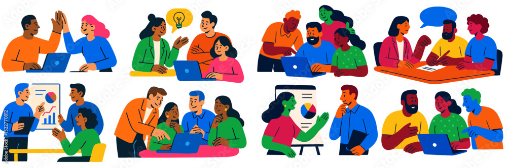 Poster group of diverse individuals collaborating in a vibrant office setting, sharing ideas and solutions 