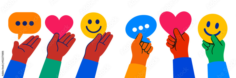 Poster hands display various emotive symbols showcasing communication, positivity, and connection in a fest
