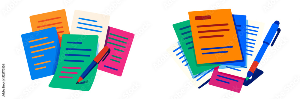 Poster colorful composition of documents and writing tools on a workspace during a creative brainstorming s