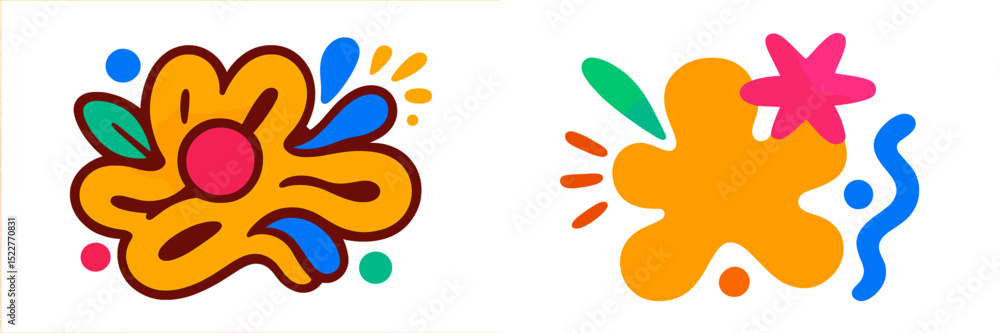 Poster colorful abstract shapes with splashes and curves in vibrant hues on a white background