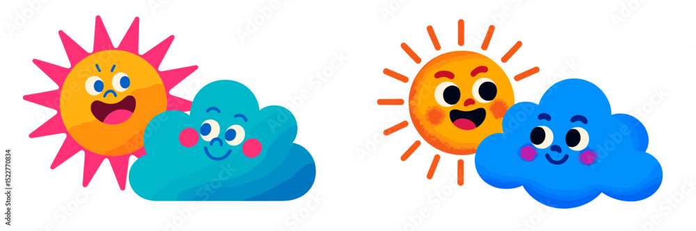 Poster colorful sun and cloud characters engaging in cheerful activities on a bright day in a playful anima