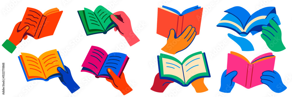 Poster colorful hands holding open books in a playful arrangement representing reading and learning activit