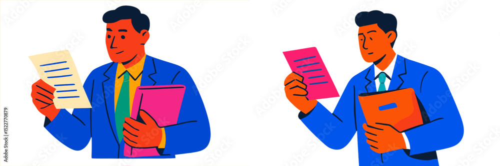 Poster business professionals review documents in a modern office setting with a clean design during a work