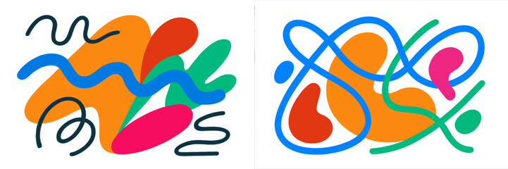 Colorful abstract shapes in a modern design layout with dynamic curves and bold colors creating a lively aesthetic