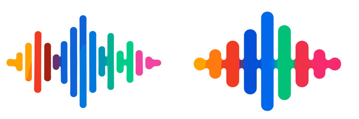 Obraz premium Colorful sound wave designs with varying bar heights and bright hues displayed against a white background