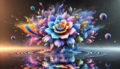An artistic and dynamic composition of a vibrant flower with multi-colored petals featuring pastel tones blended with vibrant gradients