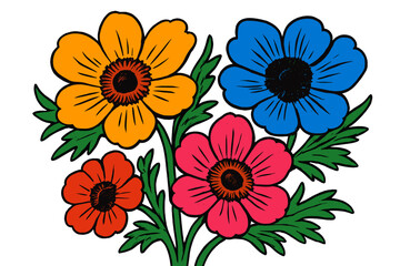 Obraz premium Brightly colored flowers arranged in a bouquet with orange, blue, pink, and red petals on a white background