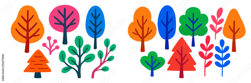 Poster colorful abstract trees and plants arranged in a vibrant design showcasing various shapes and hues