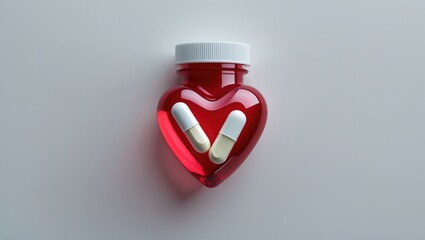 Presenting red heart-shaped container having white screw cap on surface, holding two white capsules