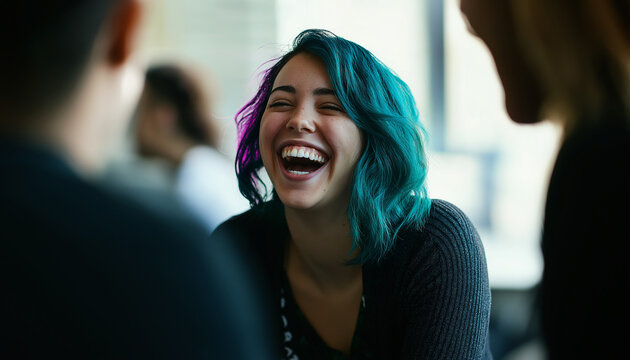 Funcion&aacute;ria feliz e sincera, de cabelo azul-petr&oacute;leo, rindo com colegas em uma reuni&atilde;o de integra&ccedil;&atilde;o descontra&iacute;da para o desenvolvimento de equipes no escrit&oacute;rio. 