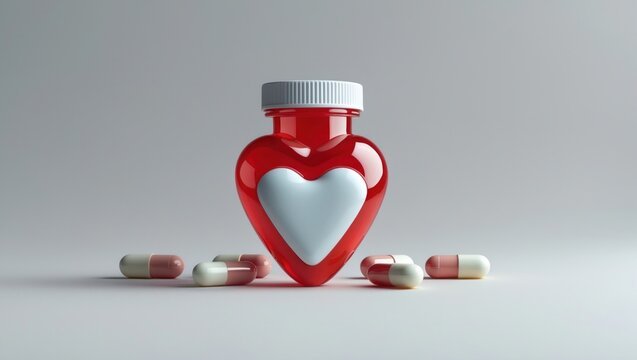 Showing red heart-shaped medicine bottle with white motif in studio, red-and-white capsules - Powered by Adobe
