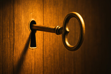 A vintage key partially inserted into a keyhole on a wooden surface symbolizes unlocking potential and access in a business context