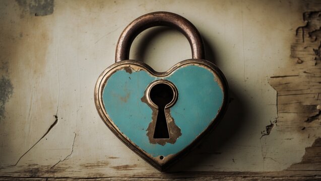 Showing heart-shaped padlock resting on distressed wooden board with rusted shackle, chipped paint - Powered by Adobe
