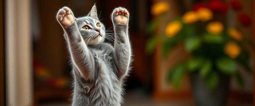 Playful gray cat balances on hind legs, paws reaching high,  mammal,  grey