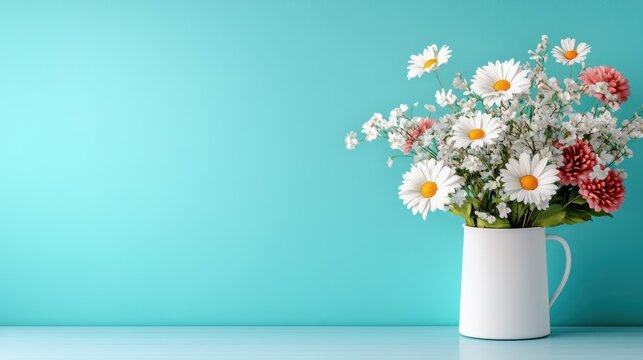 A charming flower bouquet featuring daisies and colorful blooms artfully arranged in a bright blue vase creates a cheerful and inviting focal point for any indoor space.