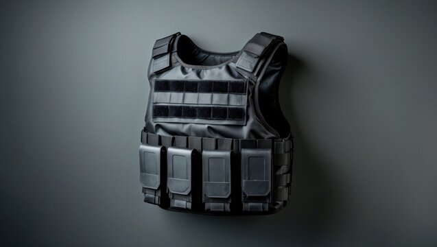 Displaying black tactical bulletproof vest with panels and magazine pouches at gray wall