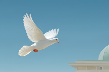 Fototapeta premium White dove flying in blue sky near architectural dome background