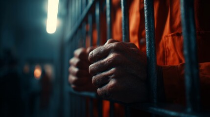 A man is being held in a jail cell with his hands behind a metal bar