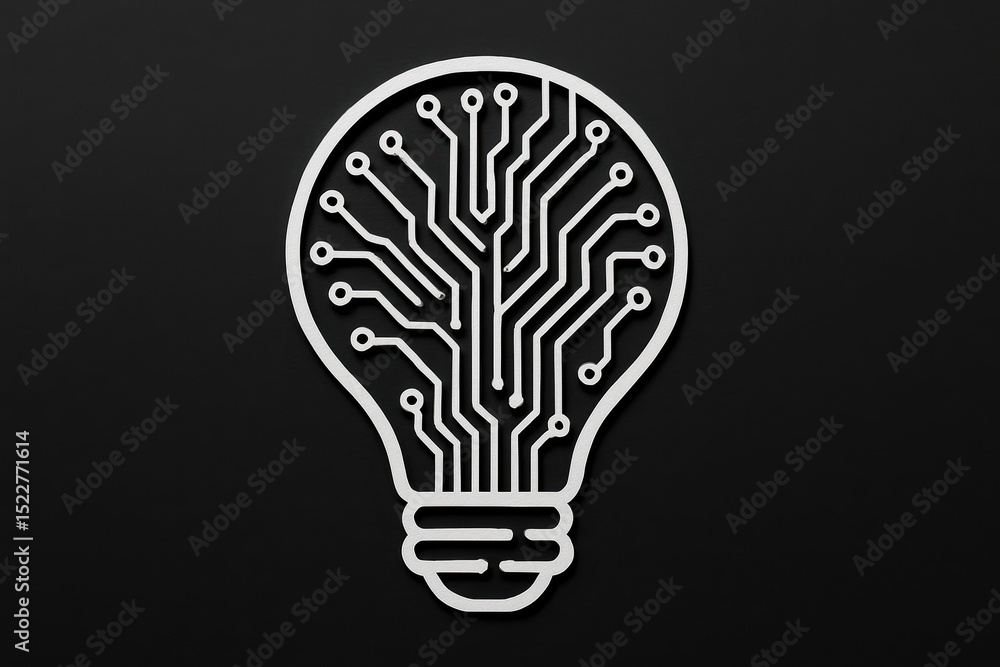 Poster innovation and intellect by combining a lightbulb shape with intricate circuit patterns on a matte b