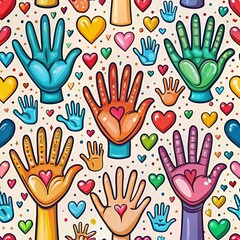 Colorful hands and hearts pattern