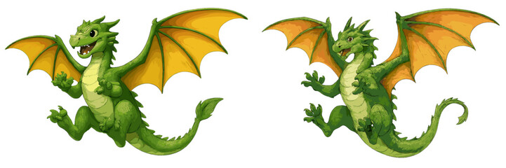 Obraz premium Colorful green dragons with yellow wings flying playfully in a fantasy setting during the daytime