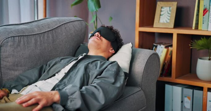 Man, rest and consulting psychologist for therapy, relax and hypnotherapy in office. Counselor, peace and help patient on sofa for calm with eye mask for insomnia, sleep paralysis and mental health