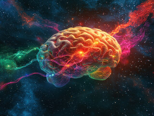 Vibrant brain glowing in cosmic setting, intertwined with colorful energy streams