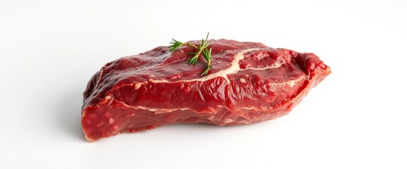 Fototapeta premium Raw beef liver, rich reddish-brown, atop a pure white background, diet, gastronomy