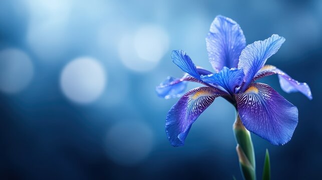 A stunning close-up of a vibrant blue iris flower, highlighting intricate petal details and dew drops, set against a soft, blurred blue background. Perfect for nature lovers.