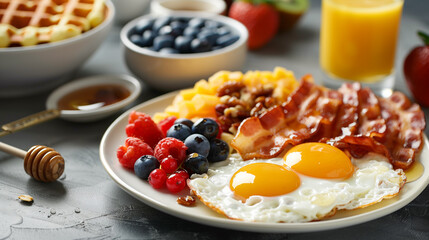 Breakfast, waffles with crispy bacon and sunny-side-up egg, forest berries and juice 